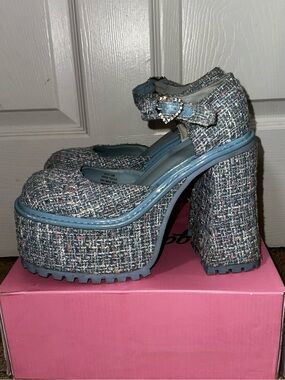 Sugar Thrillz Dolls Kill ‘CASUAL FRIDAY’ Blue Tweed Mary Jane Shoes Heels 9